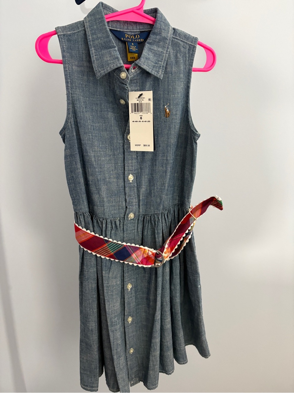 Polo by Ralph Lauren Chambray Sleeveless Dress with Multicolor Plaid Belt